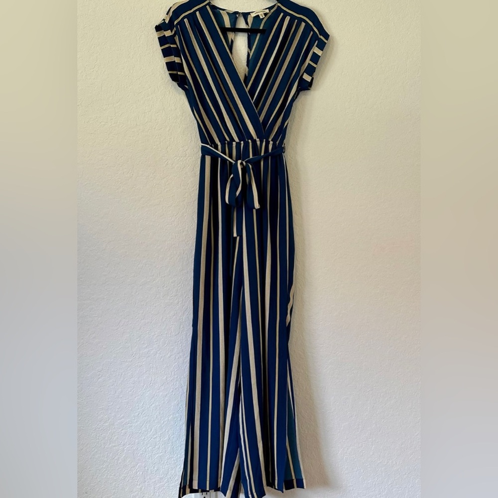 Monteau Striped Jumpsuit with Ankle Slits and Self Tie Waist